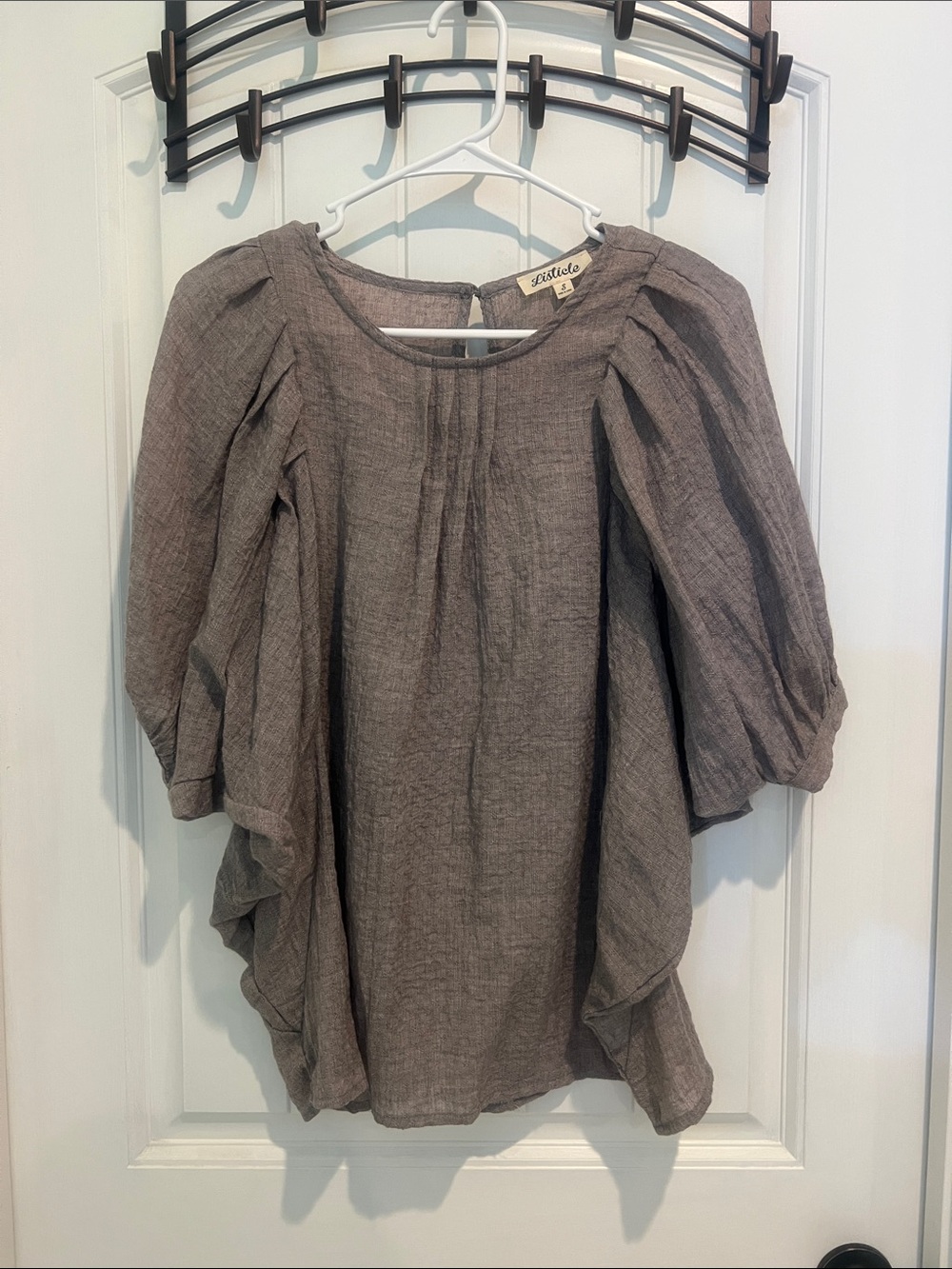 Women's Taupe Puff-Sleeve Linen Blouse
